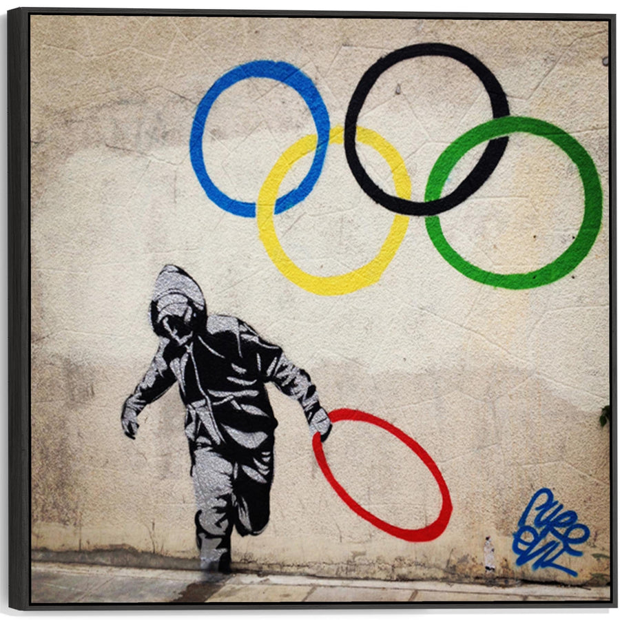 Large Banksy Framed Canvas Art Print - Olympic Ring Thief