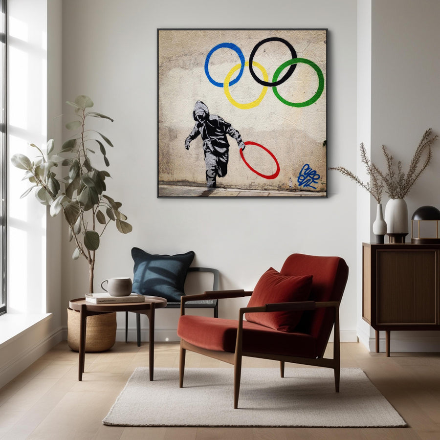 Large Banksy Framed Canvas Art Print - Olympic Ring Thief