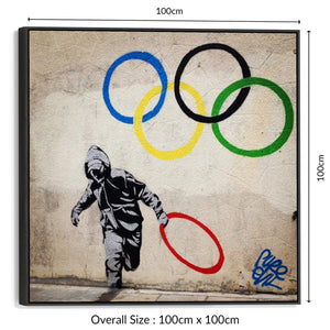 Large Banksy Framed Canvas Art Print - Olympic Ring Thief