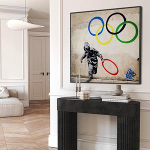 Large Banksy Framed Canvas Art Print - Olympic Ring Thief