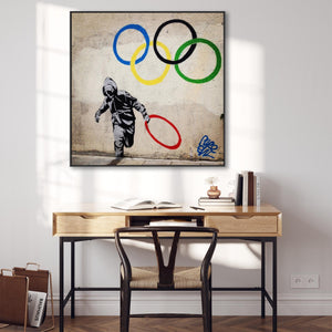 Large Banksy Framed Canvas Art Print - Olympic Ring Thief