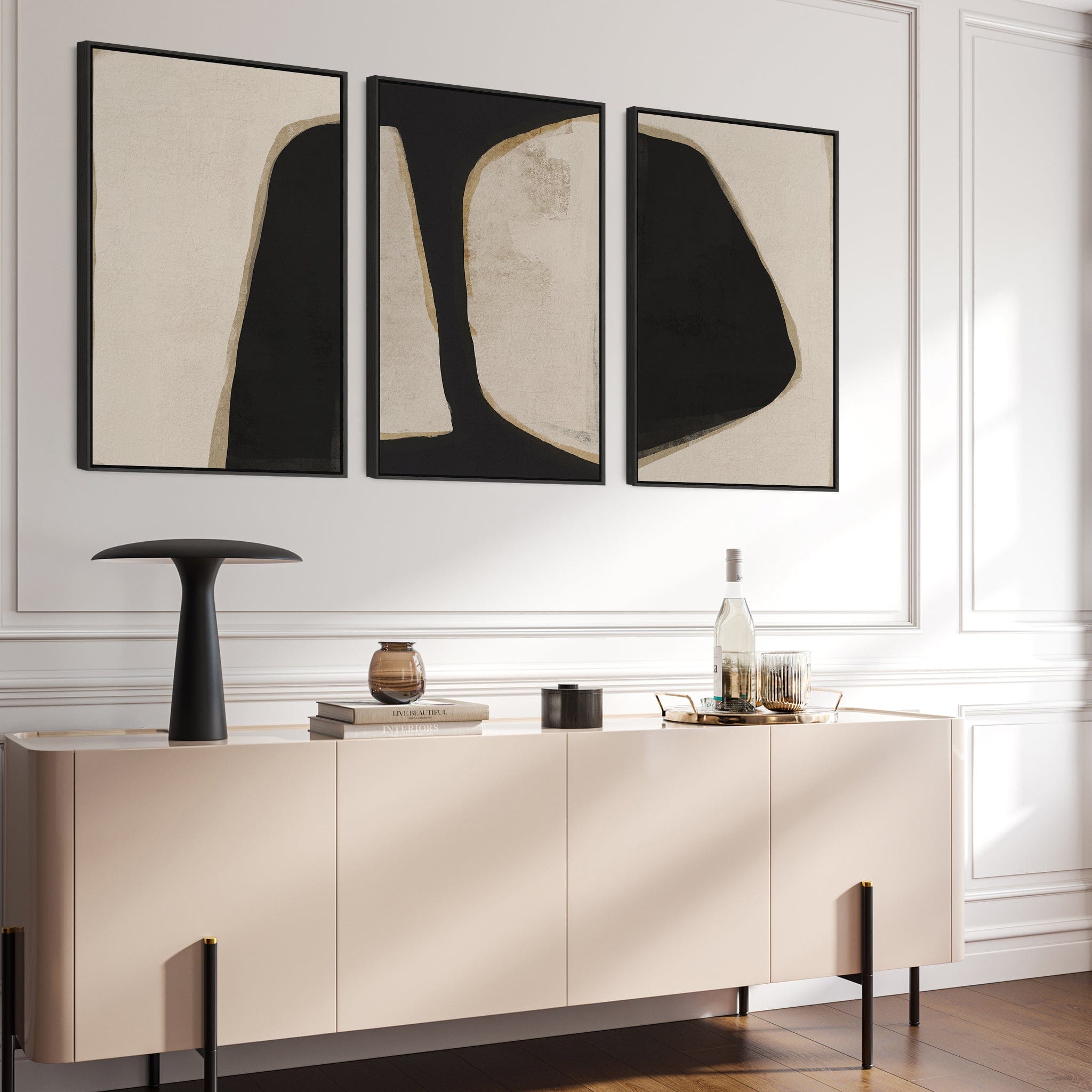 Large Beige Black Abstract Wall Art Framed Canvas Set of 3