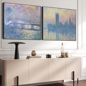 Extra Large Claude Monet Thames London Pair of Blue Wall Art Framed Canvas Impressionist Pictures - Set of 2