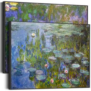 Extra Large Claude Monet Water Lilies Nympheas Pair of Blue Wall Art Framed Canvas Impressionist Pictures - Set of 2