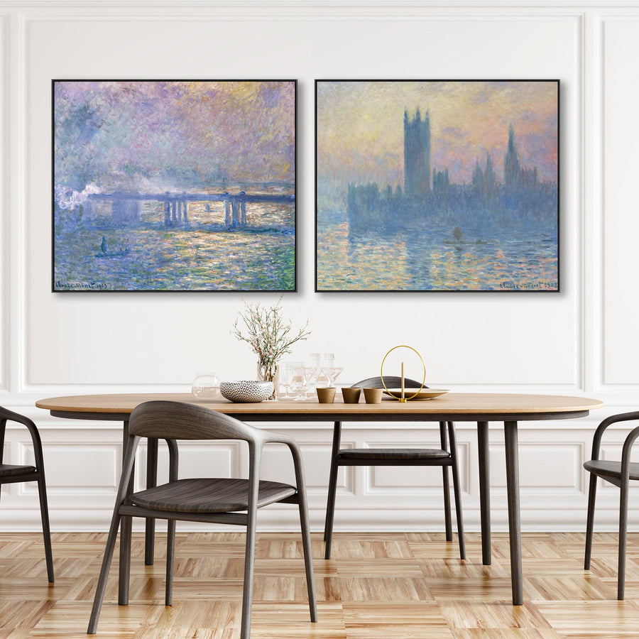 Extra Large Claude Monet Thames London Pair of Blue Wall Art Framed Canvas Impressionist Pictures - Set of 2