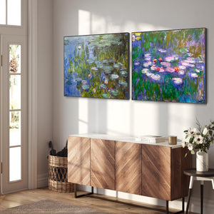 Extra Large Claude Monet Water Lilies Nympheas Pair of Blue Wall Art Framed Canvas Impressionist Pictures - Set of 2