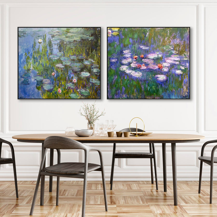 Extra Large Claude Monet Water Lilies Nympheas Pair of Blue Wall Art Framed Canvas Impressionist Pictures - Set of 2