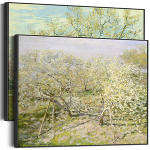 Extra Large Green Pair of Impressionist Wall Art Framed Canvas Pictures - Monet and Van Gogh Orchard Tree Paintings