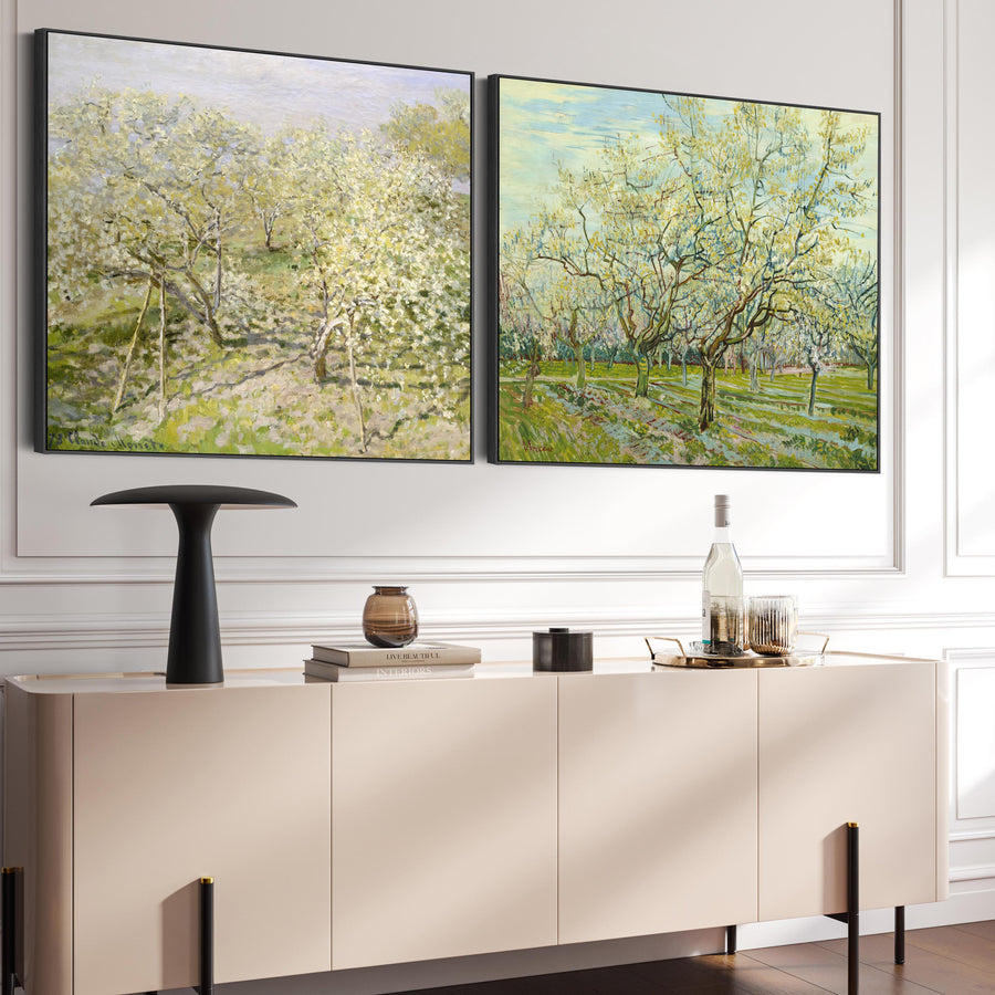 Extra Large Green Pair of Impressionist Wall Art Framed Canvas Pictures - Monet and Van Gogh Orchard Tree Paintings