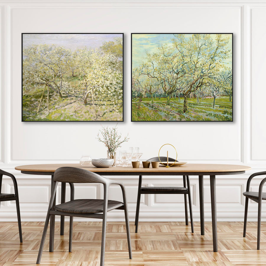 Extra Large Green Pair of Impressionist Wall Art Framed Canvas Pictures - Monet and Van Gogh Orchard Tree Paintings