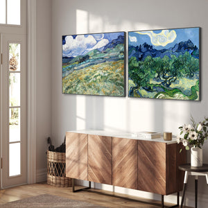 Extra Large Vincent Van Gogh Pair of Blue Wall Art Framed Canvas Landscape Paintings - Set of 2