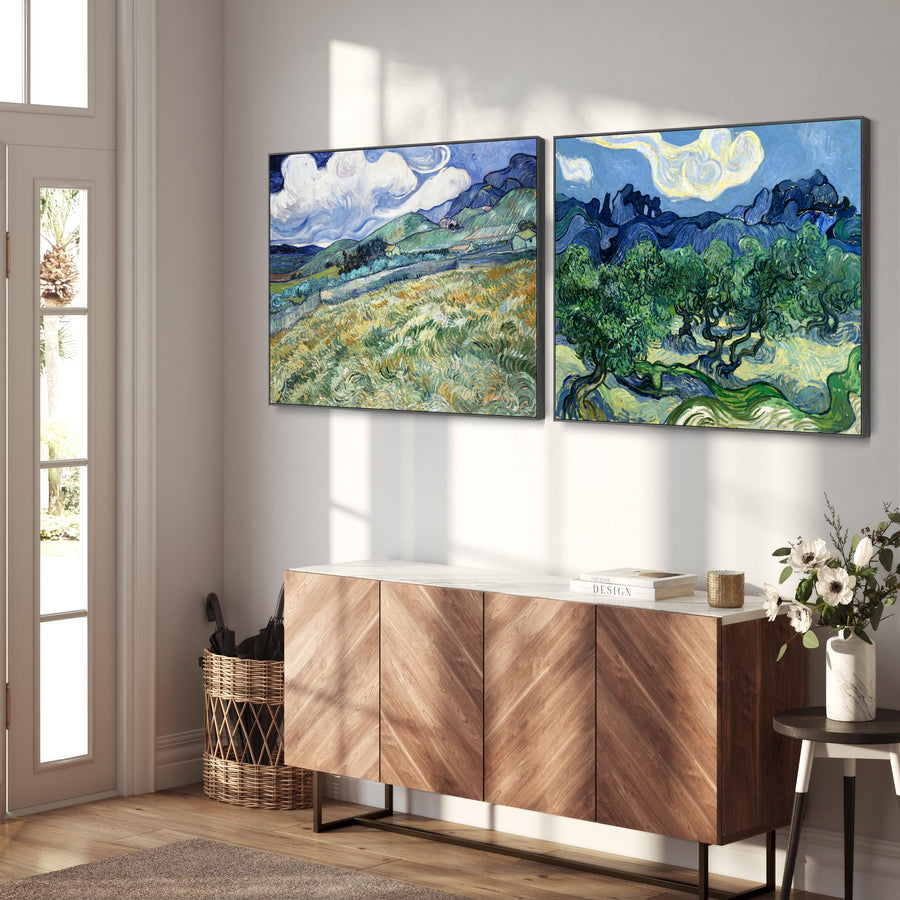 Extra Large Vincent Van Gogh Pair of Blue Wall Art Framed Canvas Landscape Paintings - Set of 2