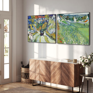 Extra Large Vincent Van Gogh Pair of Green Wall Art Framed Canvas Landscape Paintings - Set of 2