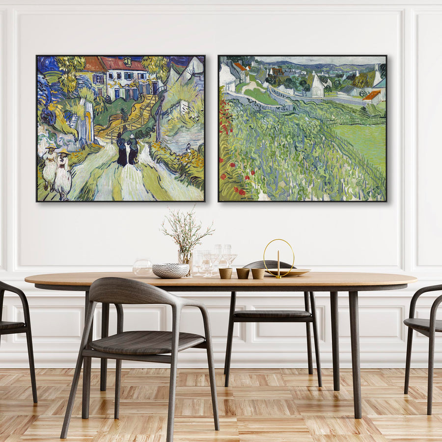 Extra Large Vincent Van Gogh Pair of Green Wall Art Framed Canvas Landscape Paintings - Set of 2