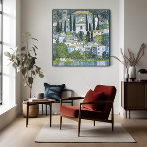 Large Blue Gustav Klimt Landscape Wall Art Framed Canvas Print of Kirche in Casseone Painting - 100cm x 100cm