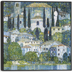 Large Blue Gustav Klimt Landscape Wall Art Framed Canvas Print of Kirche in Casseone Painting - 100cm x 100cm