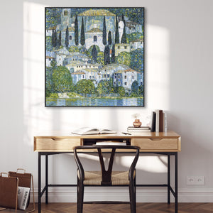 Large Blue Gustav Klimt Landscape Wall Art Framed Canvas Print of Kirche in Casseone Painting - 100cm x 100cm