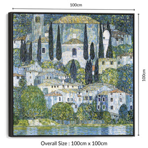 Large Blue Gustav Klimt Landscape Wall Art Framed Canvas Print of Kirche in Casseone Painting - 100cm x 100cm