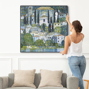 Large Blue Gustav Klimt Landscape Wall Art Framed Canvas Print of Kirche in Casseone Painting - 100cm x 100cm