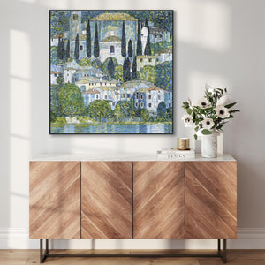 Large Blue Gustav Klimt Landscape Wall Art Framed Canvas Print of Kirche in Casseone Painting - 100cm x 100cm