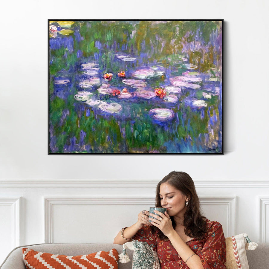 Large Blue Claude Monet Framed Canvas Print of Water Lillies Painting