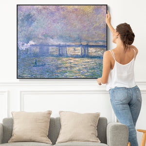 Large Claude Monet Framed Canvas Print of Charing Cross Bridge London Landscape Painting