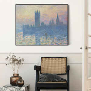 Large Claude Monet Framed Canvas Print of Houses of Parliament London Landscape Painting