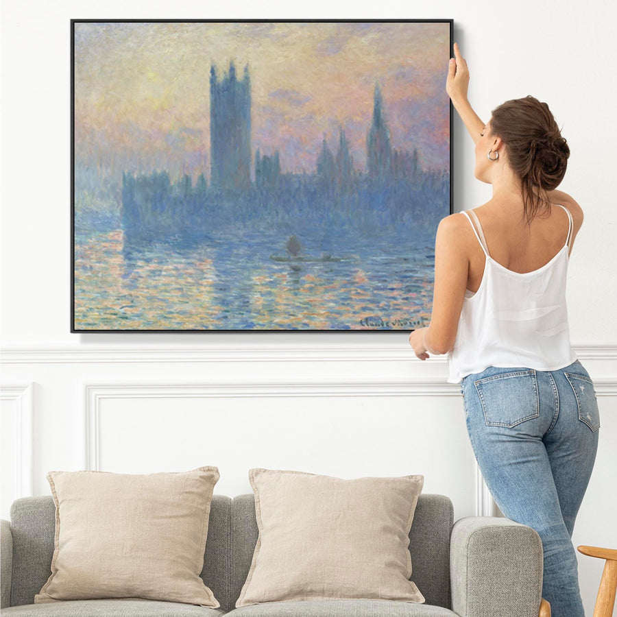 Large Claude Monet Framed Canvas Print of Houses of Parliament London Landscape Painting