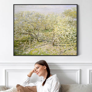 Large Claude Monet Framed Canvas Print of Spring Fruit Trees in Bloom Landscape Painting