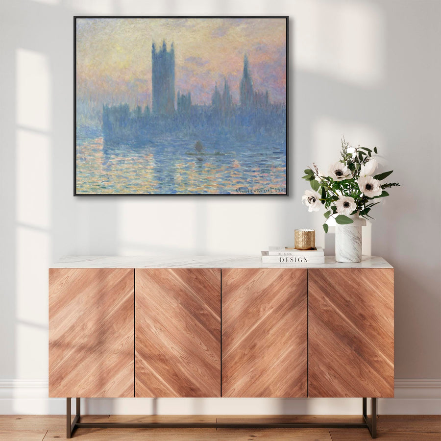 Large Claude Monet Framed Canvas Print of Houses of Parliament London Landscape Painting