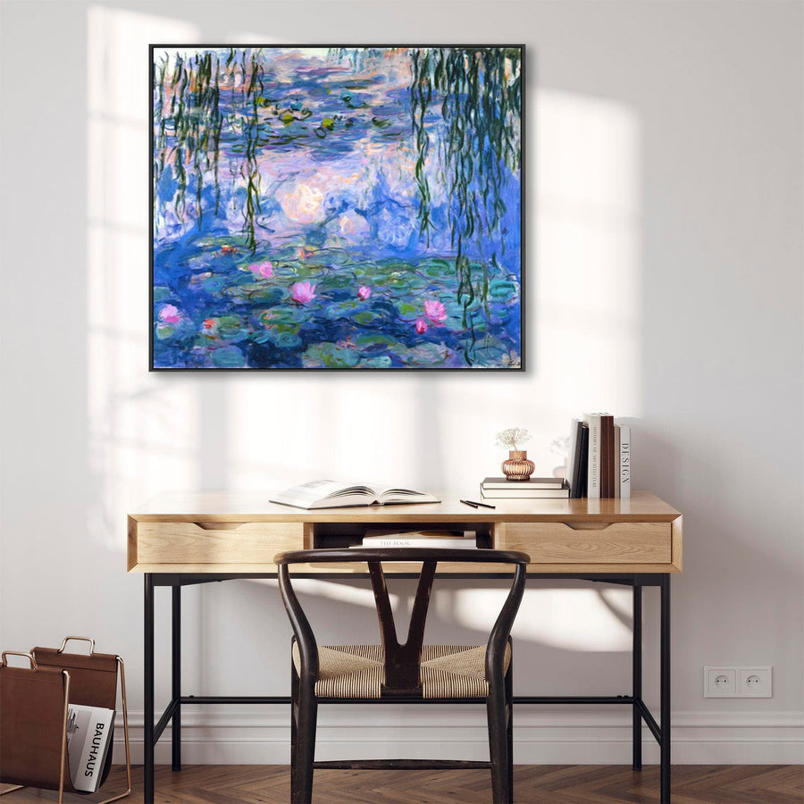 Large Blue Abstract Claude Monet Framed Canvas Print of Water Lillies Painting