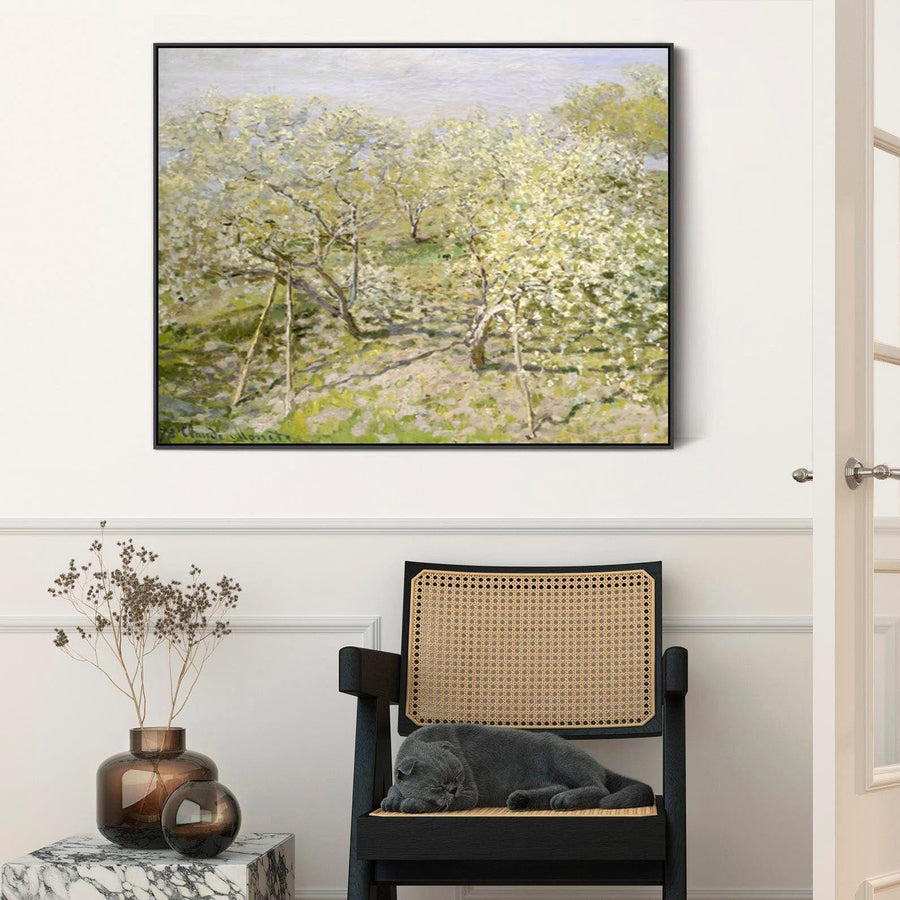 Large Claude Monet Framed Canvas Print of Spring Fruit Trees in Bloom Landscape Painting