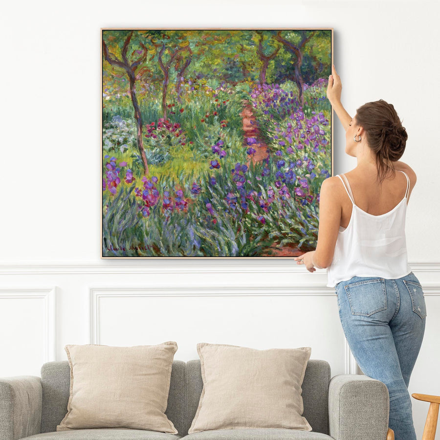 Large Colourful Claude Monet Wall Art Framed Canvas Print of Iris Garden at Giverny Painting - 100cm x 100cm