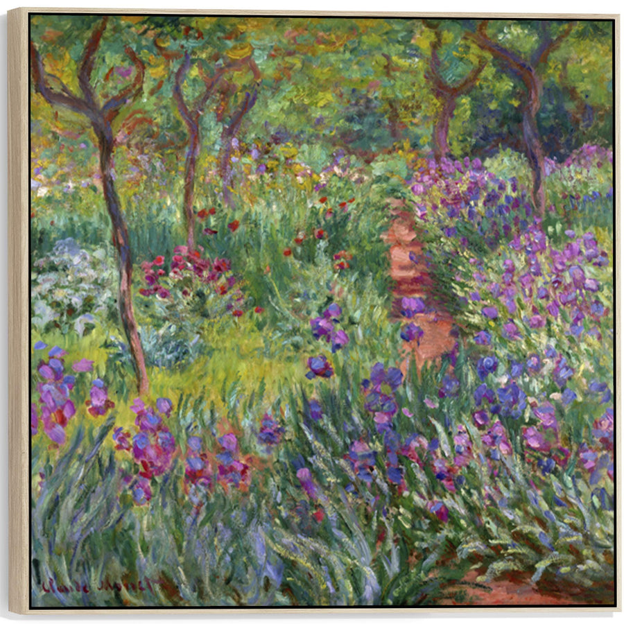 Large Colourful Claude Monet Wall Art Framed Canvas Print of Iris Garden at Giverny Painting - 100cm x 100cm