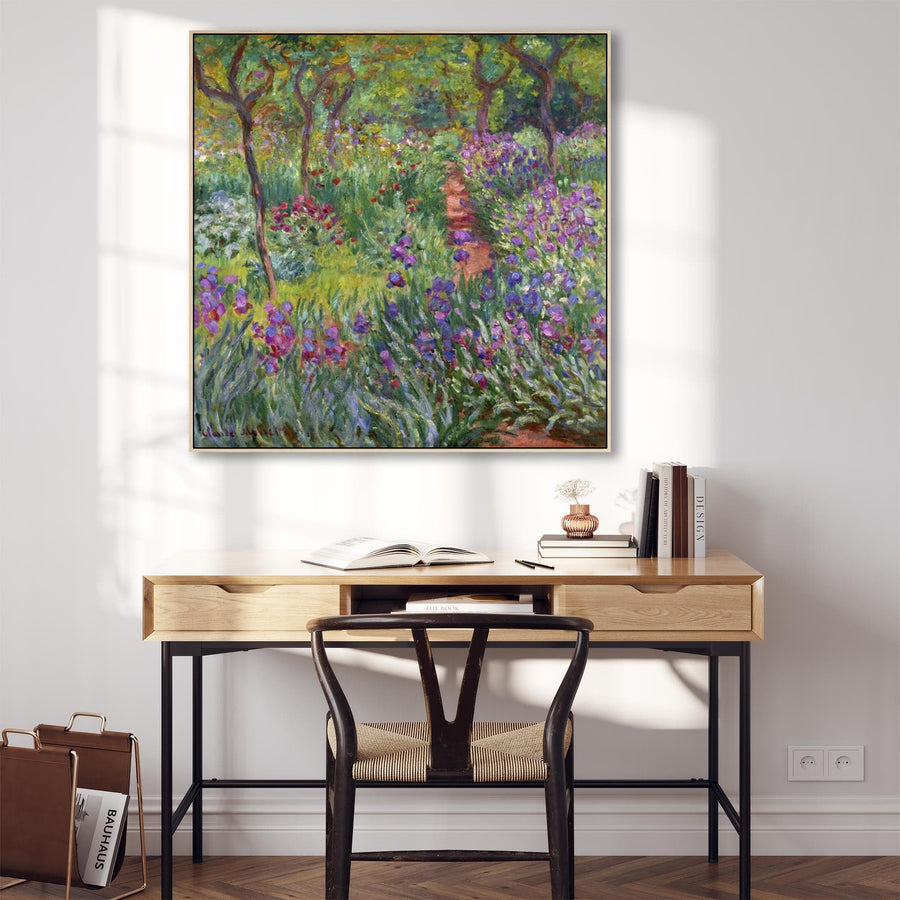 Large Colourful Claude Monet Wall Art Framed Canvas Print of Iris Garden at Giverny Painting - 100cm x 100cm