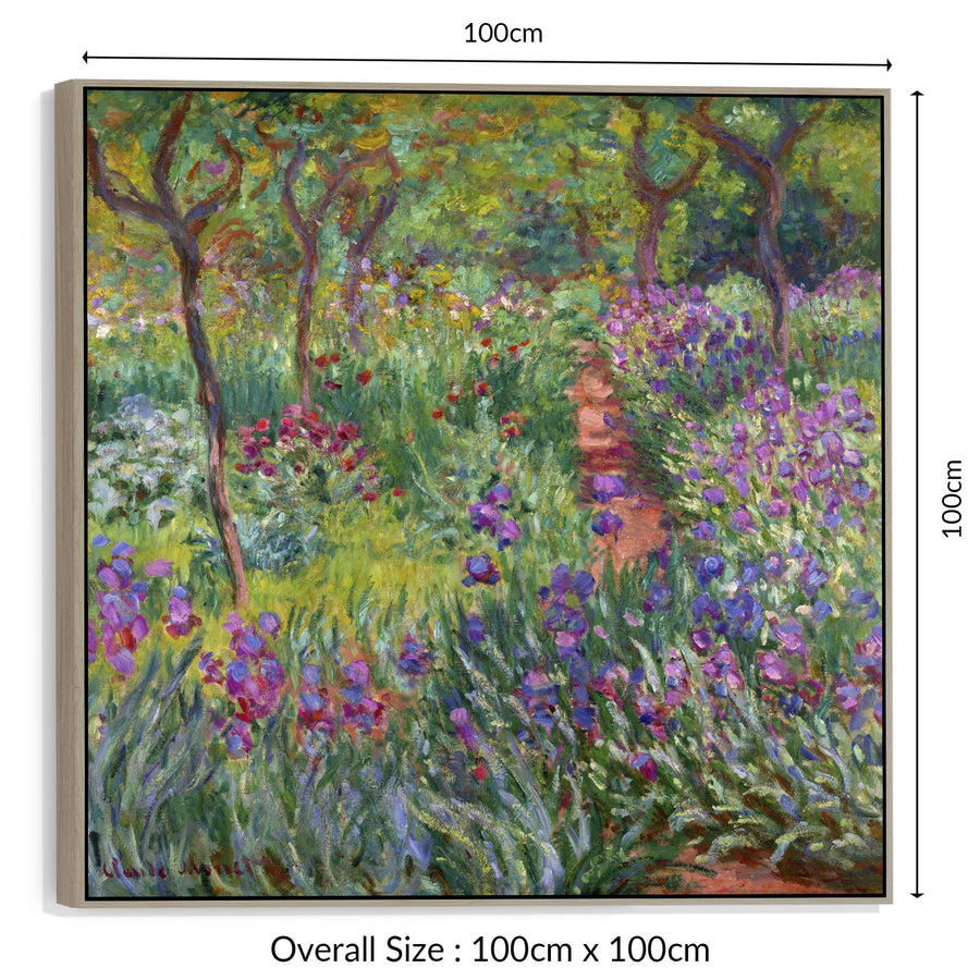 Large Colourful Claude Monet Wall Art Framed Canvas Print of Iris Garden at Giverny Painting - 100cm x 100cm