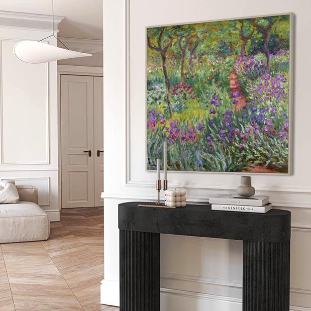 Large Colourful Claude Monet Wall Art Framed Canvas Print of Iris Garden at Giverny Painting - 100cm x 100cm