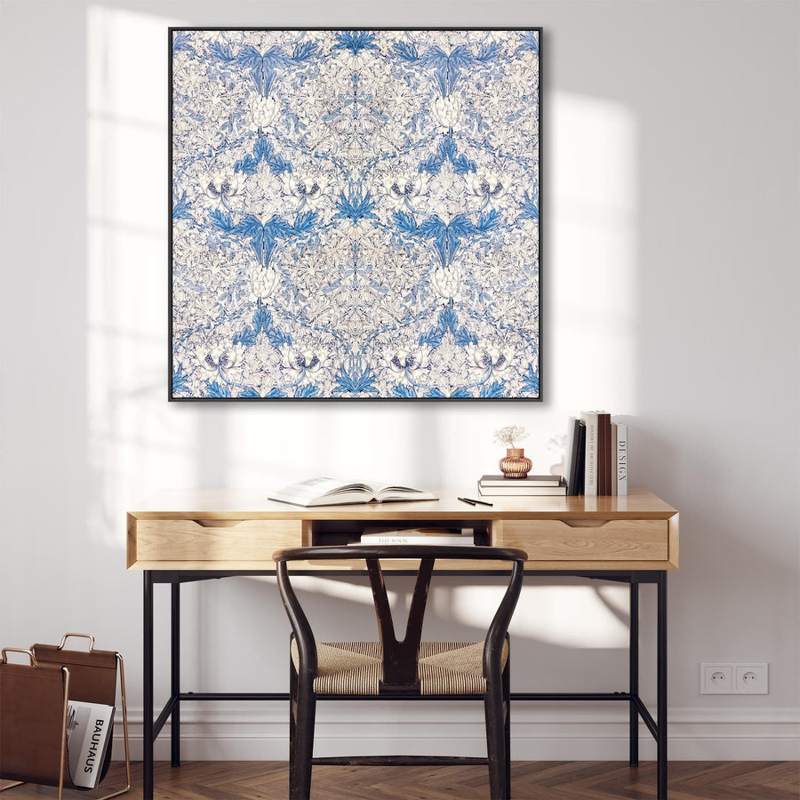 Large William Morris Wall Art Framed Canvas Print of Famous White Honeysuckle Pattern - 100cm x 100cm