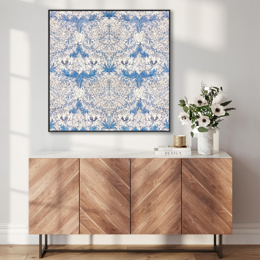 Large William Morris Wall Art Framed Canvas Print of Famous White Honeysuckle Pattern - 100cm x 100cm