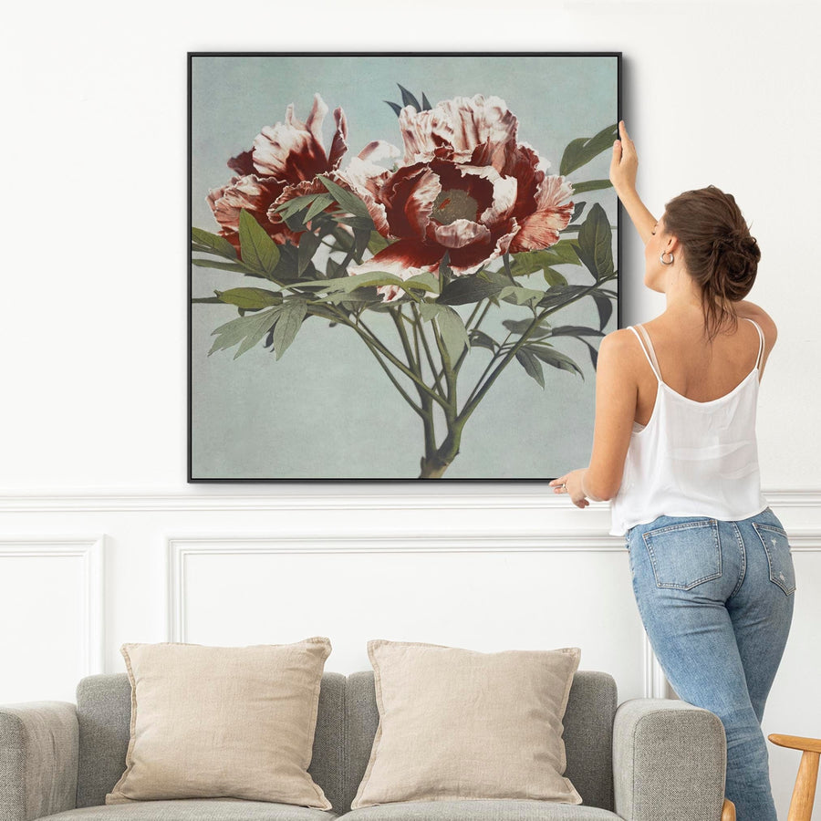 Vintage Japanese Pink Floral Wall Art Framed Canvas Print of Tree Peony Flowers Painting - 100cm x 100cm