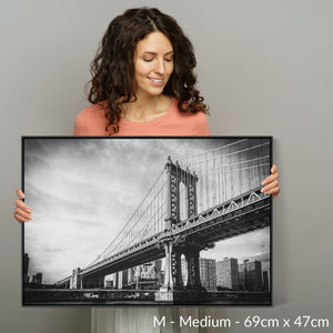 New York Framed Canvas Wall Art - Black White Brooklyn Bridge