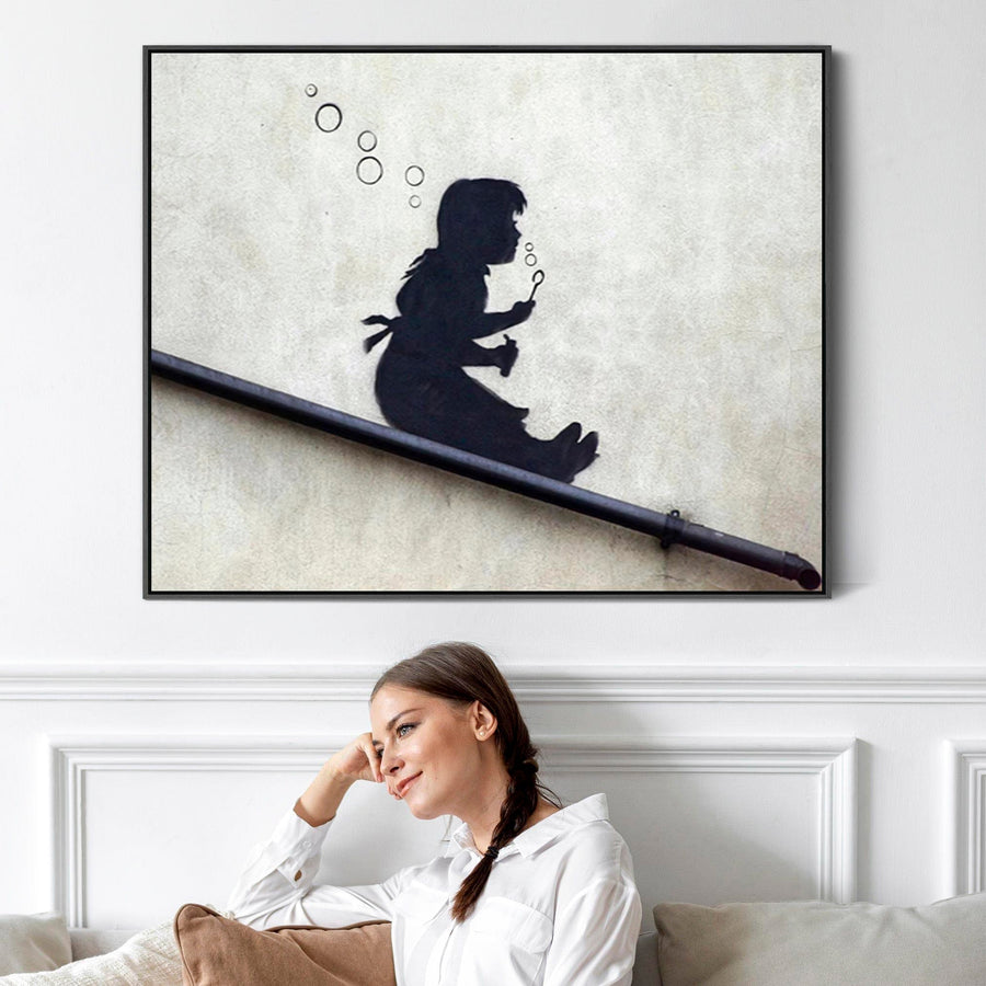 Large Banksy Framed Canvas Art Print - Bubble Girl