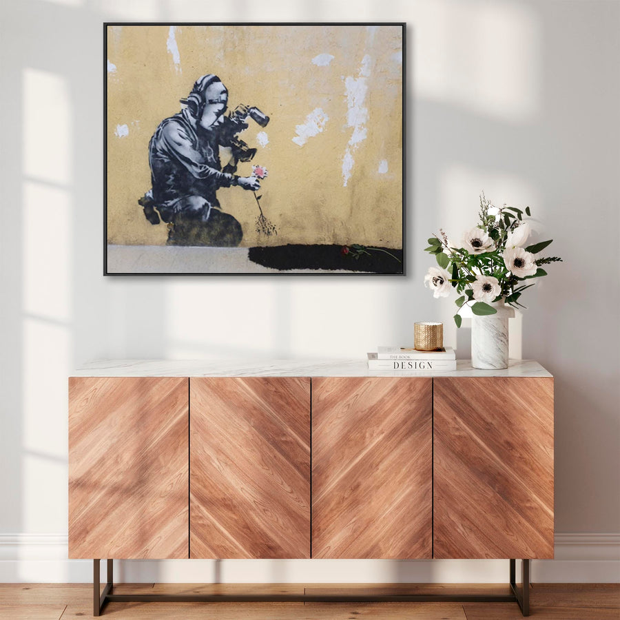 Large Banksy Framed Canvas Art Print - Cameraman And Flower