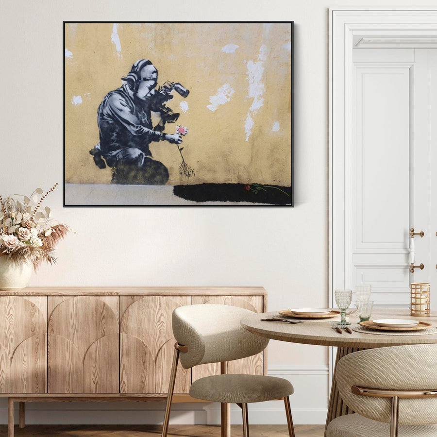 Large Banksy Framed Canvas Art Print - Cameraman And Flower