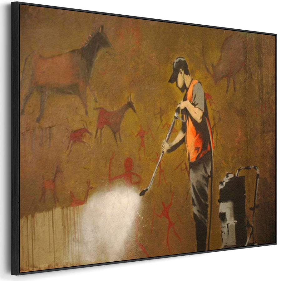 Large Banksy Framed Canvas Art Print - Cave Painting Removal