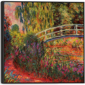 Large Colourful Claude Monet Wall Art Framed Canvas Print of Japanese Bridge Water Lily Pond Painting - 100cm x 100cm