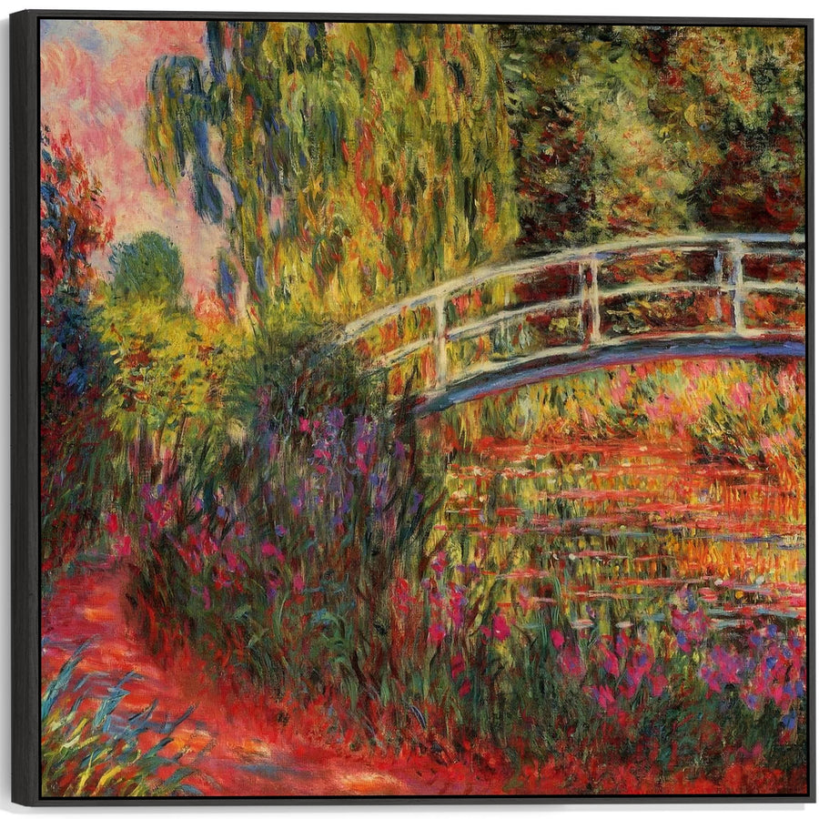 Large Colourful Claude Monet Wall Art Framed Canvas Print of Japanese Bridge Water Lily Pond Painting - 100cm x 100cm