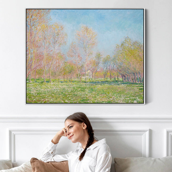 Large Green Claude Monet Landscape Wall Art Framed Canvas Print of Spring in Giverny Painting - FFob-2303-Oak-L