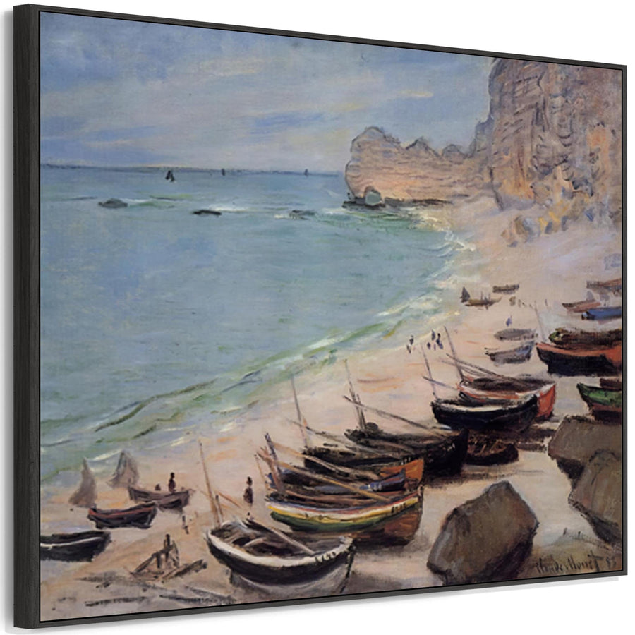 Claude Monet Landscape Framed Canvas Print of Boats on the Beach at Etretat Painting