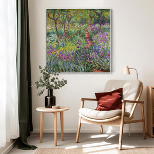 Large Colourful Claude Monet Wall Art Framed Canvas Print of Iris Garden at Giverny Painting - 100cm x 100cm